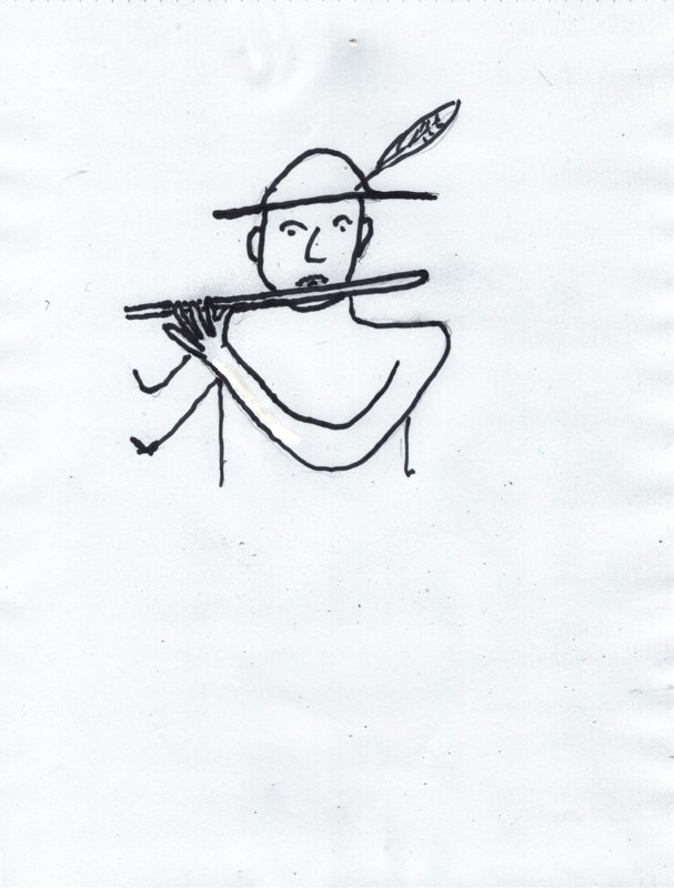 Hand-drawn sketch of Papageno, the birdcatcher character from The Magic Flute, playing his pipes